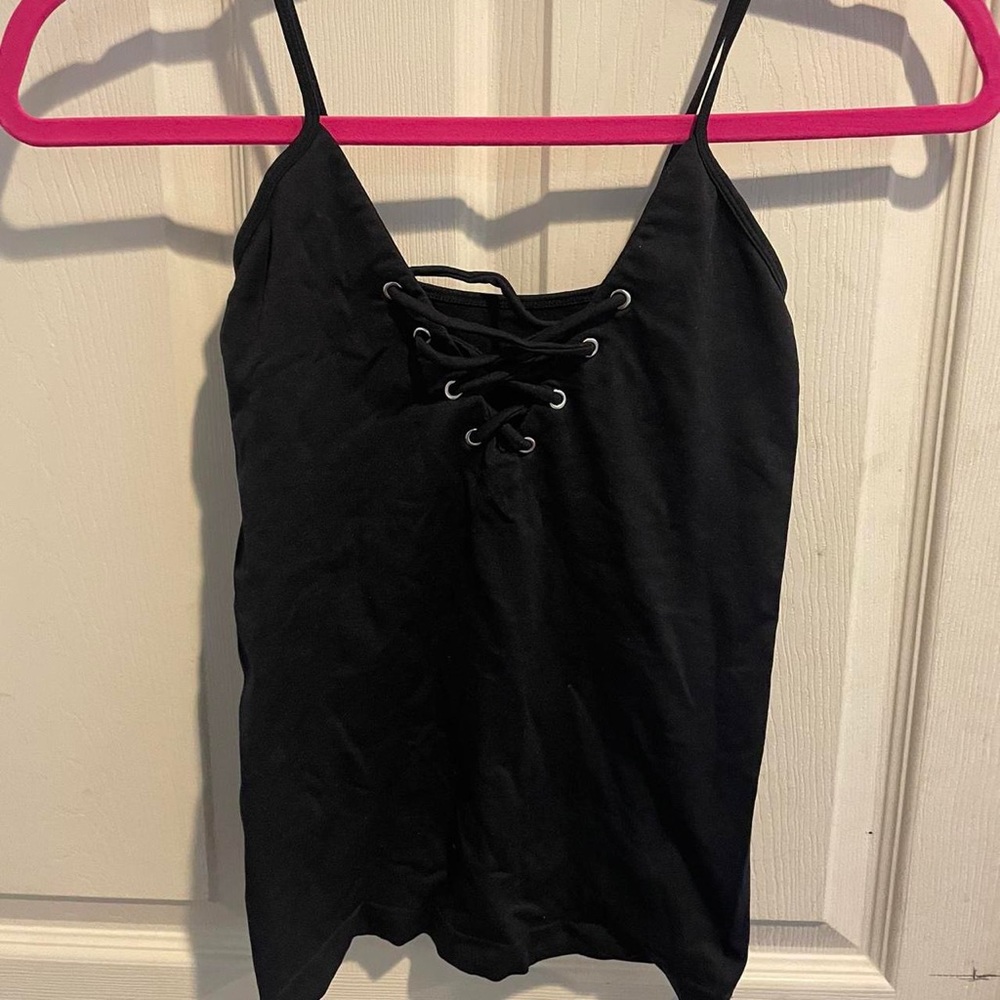 Stretchy black tank lace up